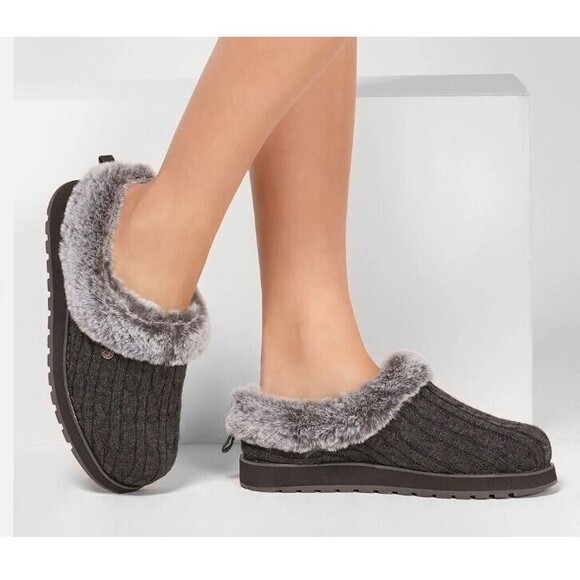 SKECHERS BOBS KEEPSAKES ICE ANGEL FUR SLIPPERS WOMEN SHOES CHARCOAL NWOB 8 - Picture 1 of 9